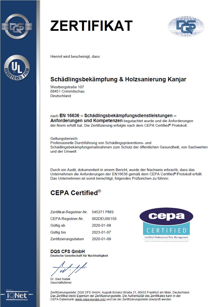Zertifikat Din 16636 Schädlingsbekämpfung Kanjar